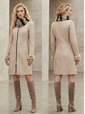 NEW WOMAN LEATHER COAT SHEARLING LINING REAL CHINCHILLA FUR COLLAR ZIP FRONT